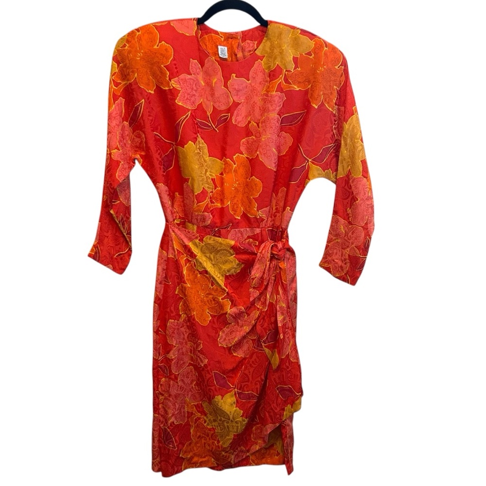 Vintage Silk Red and Orange Floral Dress Size 8